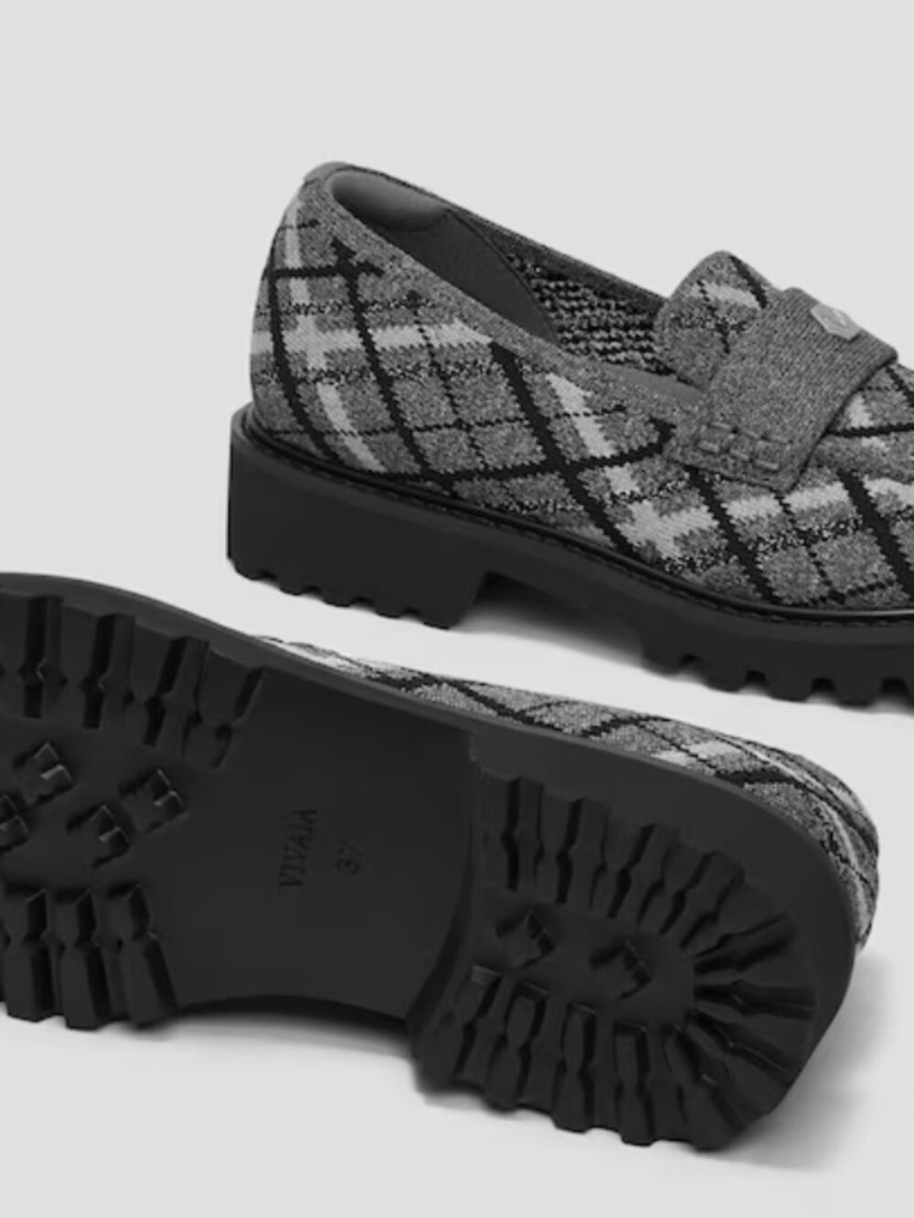 Vivaia Francesca Platform Chunky Heel Loafers Black Size 9.5 Rich Grey Plaid - Picture 3 of 5